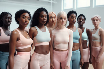 Fototapeta na wymiar Large group of black young women training in gym standing strongly with smart pose. posing for portrait, sportswear and winning attitude. Illustration. Genreative AI