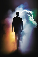 Business leader in a suit walking into a colourful smoke. Generative Ai.