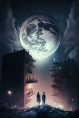 Fantasy image of a couple standing between 2 apartment buildings looking up at the moon. Generative Ai.