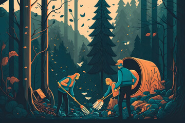 Illustration of people cleaning forest created with generative AI technology