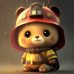 cute little firefighter bear illustration wallpaper - Generative AI