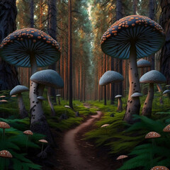path with mushrooms, landscape, fantasy, illustration, wallpaper - Generative AI