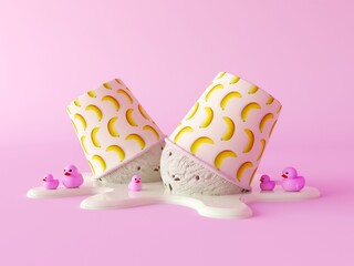 Banana melting ice cream in a paper cup. Pistachio ice cream melt balls with sweet puddle and cute pink bath duck. Delicious pattern, the concept of a summer dessert. 3d render illustration.