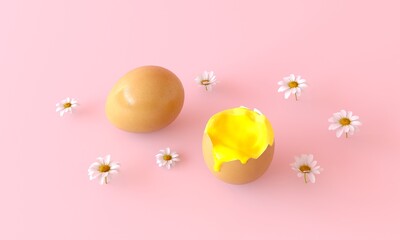 Creative concept of spring time. Happy Easter, flowering and awakening of nature. A broken egg with a liquid yolk and small growing daisies. 3d render illustration.