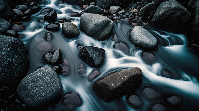 Water flowing around dark grey river rocks by generative AI