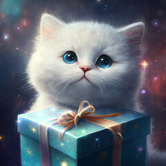 white cat with gift illustration wallpaper - Generative AI