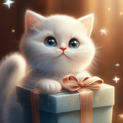white cat with gift illustration wallpaper - Generative AI