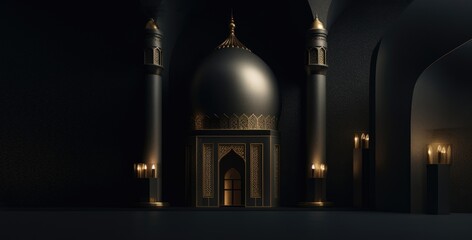 A dark room with a mosque and a few lights. Generative AI