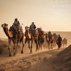 A line of camels with a man on the back is carrying a bag of cargo. Generative AI