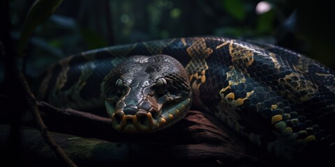 Fototapeta premium Anaconda in the rain forrest. Gen AI