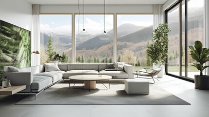 A beautiful and modern living room with huge windows overlooking a mountain landscape, with designer kitchen space with beautiful modern furniture, decor and indoor plants  (Generative AI)