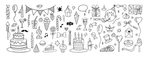 Happy birthday doodles, festive cakes with candles. Sweethand candy, fireworks and confetti, celebration gifts and bows, present boxes, sweet party elements. Vector tidy cute drawing set