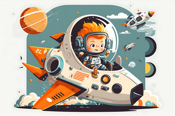 Fototapeta na wymiar Flat vector illustration Little boy is playing with a spaceship. Astronaut kids. 