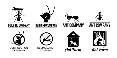 Nature ant logo. Insect symbol. Animal labels. Creative work characters. Workers company. Black silhouette logotype. Desinsection or building corporate. Vector current design icons set