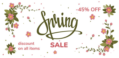 Spring seasonal sale, feminine letters. Flower leaf and plants, organic beauty cute botanical ornaments, cute nature style. Discount web horizontal banner. Vector typography background