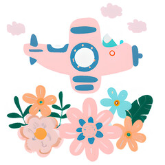Fototapeta na wymiar set of flowers and airplane