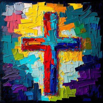 Abstract art impasto Colorful painting Christian cross in oil painting pop art poster easter holiday and good friday. Generative ai