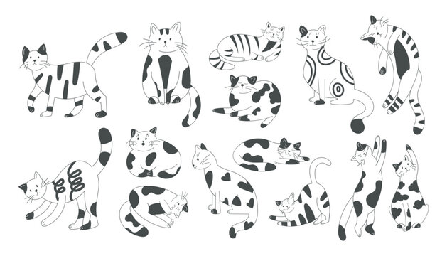 Cute kitty group, doodle drawing black and white cats. Funny hand drawn pet in different poses, smile and fur characters, feline, animal sketch stickers collection. Vector garish cartoon set