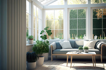 Modern bright sunroom room as interior design concept illustration (Generative AI) - obrazy, fototapety, plakaty