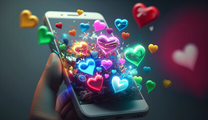 Mobile Phone held in the hand with hearts floating out of the phone screen