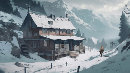 Cottage in a snowy mountain, Cabin in the alps, Traveler walking into cabin, Snowy Landscape