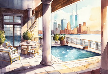 Watercolor Illustration of a Luxury Penthouse Terrace With A Swimming Pool Overlooking New York. Generative AI