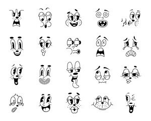 Fototapeta premium Retro faces, vintage mascot eyes and quirky mouth. Funny comic simple characters collection, animation logo collage, cute doodle drawing isolated elements. Vector cartoon current illustration