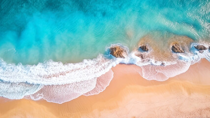 Fototapeta na wymiar sea ocean waves reaching shore.Beach with aerial drone. Beach clear turquoise top view. Beautiful beach ,aerial drone beautiful beach