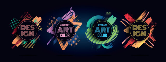 Graphic covers, paint brush frames. Color splash with logo for motivational phrases, ornaments for business brochure or flyer. Round frame, copy space. Vector current modern abstract design