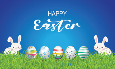 Happy Easter design with white paper cut style Easter Bunny Ears isolated on a blue background. Vector illustration