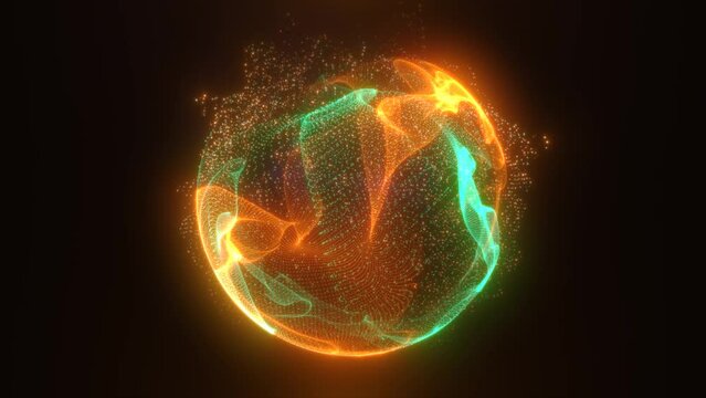 Abstract green orange looped energy sphere of particles and waves of magical glowing on a dark background, video 4k
