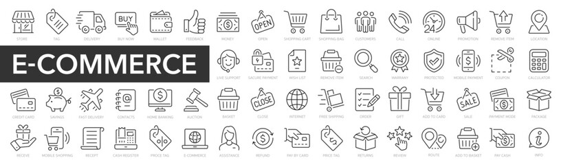 E-Commerce line icons set. E-Commerce outline icons collection. Shopping, online shop, delivery, marketing, store, money, payment, price - stock vector.