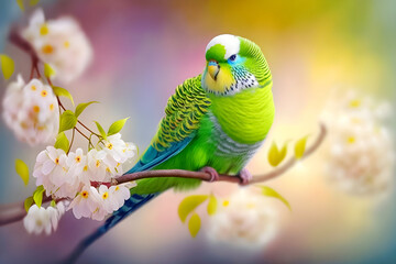 Green budgerigar on cherry blossom branch, selective focus. The illustration may differ from the real bird. Generative AI - 582162926