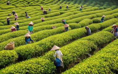 A diligent farmer stands amidst the lush paddy fields wearing a traditional conical hat, symbolizing agrarian lifestyle.