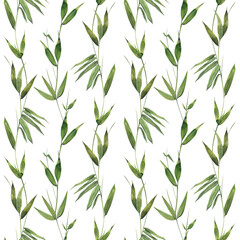 Naklejka na ściany i meble Bamboo leaves and twigs on a white background. Watercolor illustration. Seamless pattern. For fabric, textiles, wallpaper, covers, prints, packaging, paper, scrapbooking clothing bed linen.