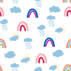 Rainbow, cloud, sun seamless pattern for newborns. Cute and delicate design for the youngest children