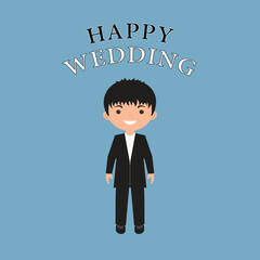 Cartoon illustration of a man celebrating his wedding day. Suitable for any content about the celebration of the wedding day. Vector graphics happy wedding. 