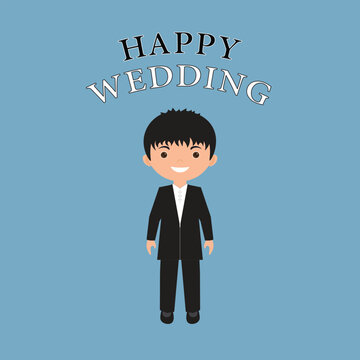 Cartoon illustration of a man celebrating his wedding day. Suitable for any content about the celebration of the wedding day. Vector graphics happy wedding. 