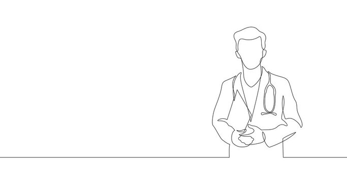 Animation of an image drawn with a continuous line. Silhouette of a doctor.