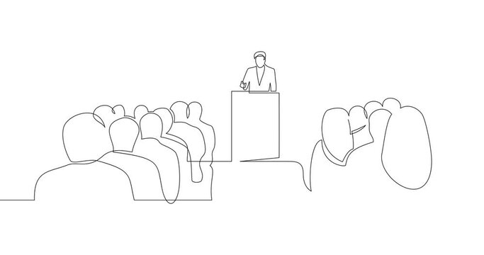Animation of an image drawn with a continuous line. A man on the podium speaks to the audience. Business brief, presentation or training.