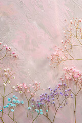 delicate flower twigs on a soft pink background with the effect of rough putty. Floral background in pink colors. flat top view.