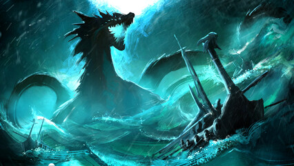 A huge Scandinavian mythical dragon in the blue night sea in a storm attacks Viking ships raising giant waves, it has spikes, long tails and glowing eyes, it opens its glowing mouth and screams 2d art - 582164956