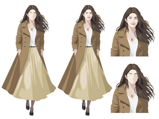 コートを着た春服スカートのロングヘア外国人女性の全身立ち絵イラスト