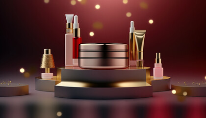 Feminine beauty display rack for showcasing luxury cosmetic products, 3D rendering mockup for advertisements