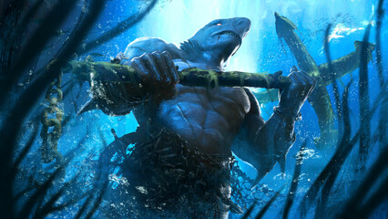 A huge muscular shark man with sea nets on his belt and a heavy anchor in his hands as a weapon, he is a cruel mighty humanoid with scars all over his body, majestically swimming in the sea. 2d art - 582165365