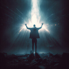 Fototapeta na wymiar A man shrouded in mystical light raises his hands up. High quality illustration