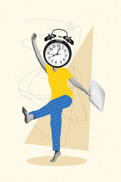 Vertical graphical collage girl wake up dancing delighted big retro clock instead of head caricature early morning good mood