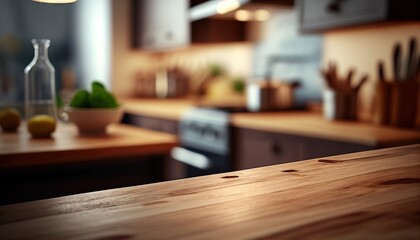 Wooden desk of free space and kitchen interior. Generative AI.