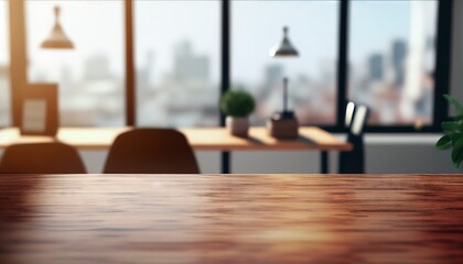 Wooden table in a light office with panoramic windows. Generative AI.