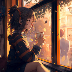 anime girl drinking coffee at a coffee shop by the window digital art